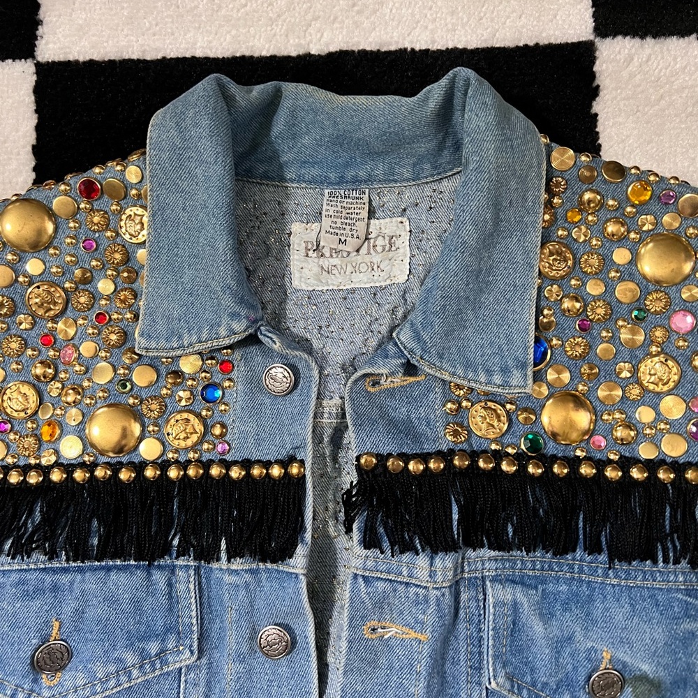 Vintage Embellished Denim Jacket with Fringe - Picture 3 of 6